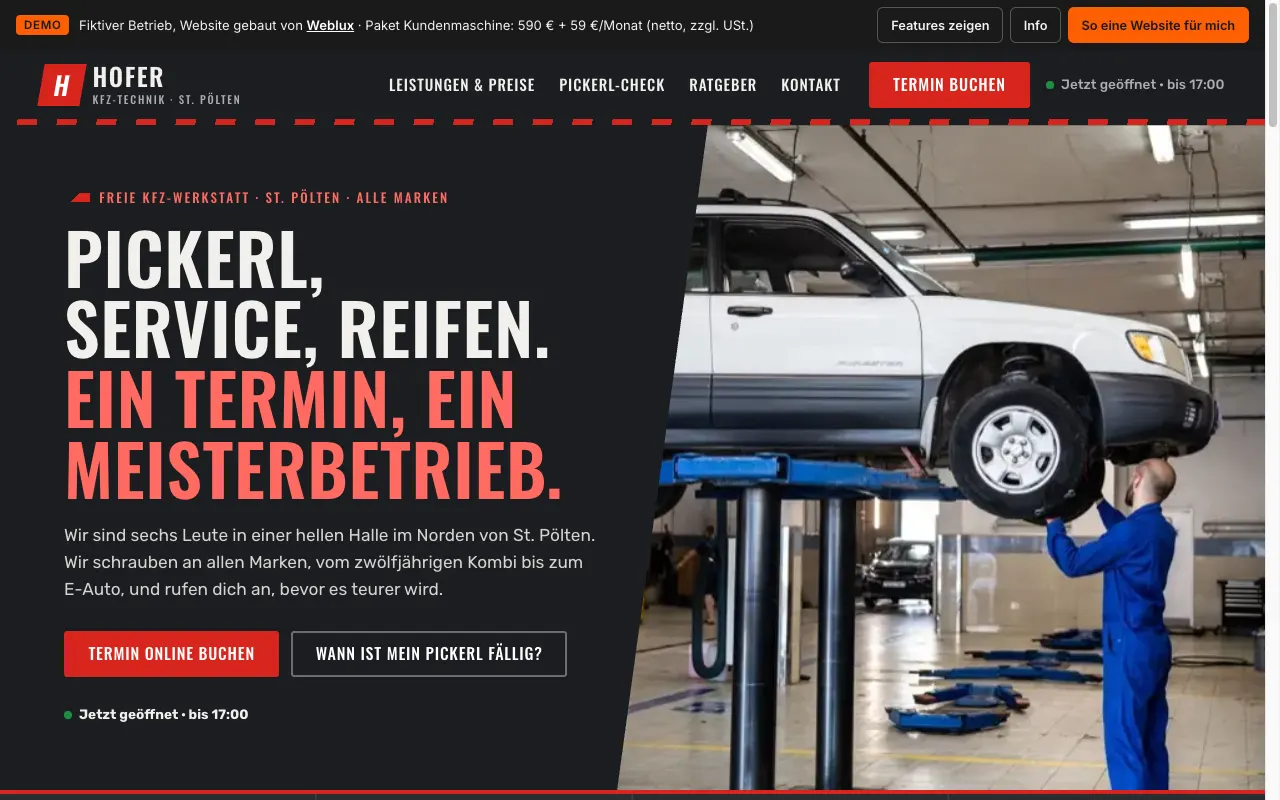 Startseite der Demo-Website Kfz-Technik Hofer